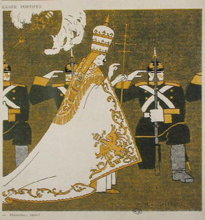 Kaiser Wilhelm II (1859-1941) dressed as the Pope (colour litho)