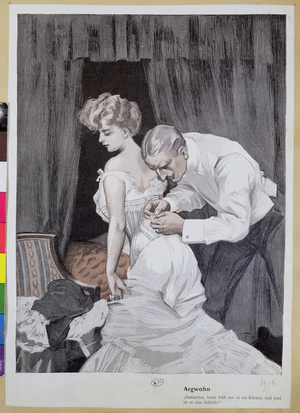 Suspicious husband observing the alteration in the tying of his wife's corset, 1909 (colour engraving)