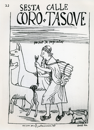 Short-haired girl of twelve years herding llamas (woodcut)