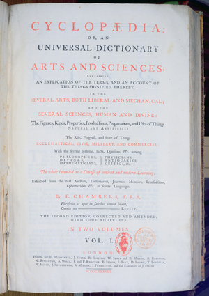 Frontispiece of 'Encyclopaedia: An Universal Dictionary of Arts and Sciences', Vol. I, by Ephraim Chambers, London, 1738 (printed paper)