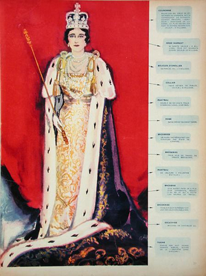 The value of the coronation robes worn by Queen Elizabeth (1900-2002) in 1937, from 'Marie Claire', 14th May 1937 (colour litho)