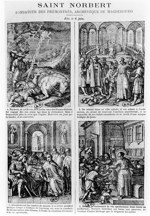 Scenes from the life of Saint Norbert, founder of the Premonstratensian order of canons regular (engraving)