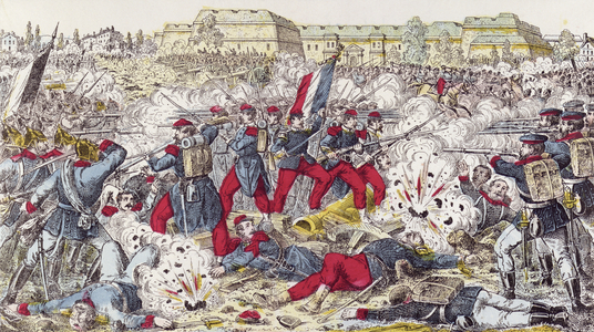 French Troops Encircled by the Prussian Army at the battle of Sedan, 31st August 1870 (colour litho)
