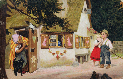 Postcard depicting the witch inviting Hansel and Gretel to enter the gingerbread house, c.1910 (colour litho)