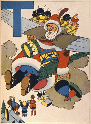 Father Christmas delivering toys, Letter T from an alphabet primer, 1937 (colour litho)