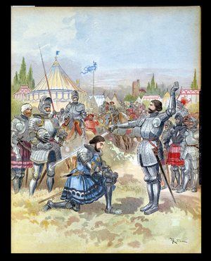 Pierre du Terrail (1476-1524) Chevalier de Bayard knighting Francis I (1494-1547) 1909 (litho)