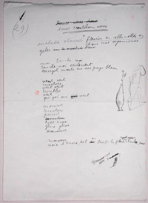 Danse caoutchouc verre, handwritten poem from 'Vingt-Cinq poemes' (pen and ink on paper)