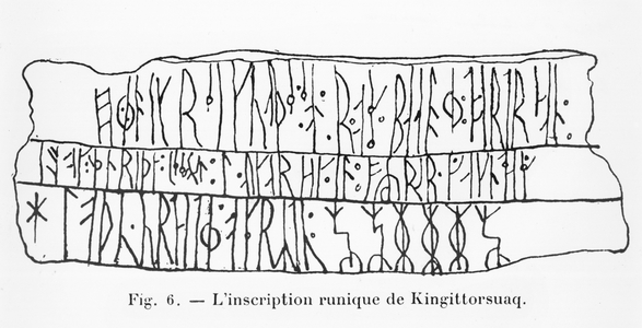 Runic inscription of Kingittorsuaq, illustration from 'Manuel d'A1cheologie Americaine' by H. Beuchat, Paris, 1912 (pen & ink on paper) (b/w photo)