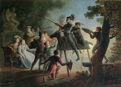Don Quixote and Sancho Panza on a Wooden Horse (coloured engraving)