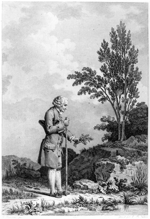 Jean-Jacques Rousseau (1712-78) Gathering Herbs at Ermenonville, June 1778, engraved by Louis Michel Halbou (b.1730) (engraving) (b/w photo)