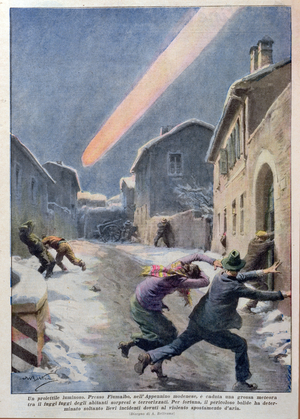 Fall of a Meteorite in the Appennines, Italy, 1937, illustration from 'La Domenica del Corriere' 14th February 1937 (colour litho)