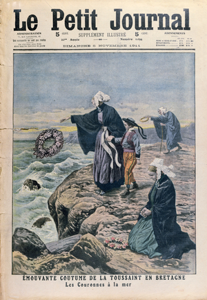 Throwing wreaths in the sea on All Saints Day in Brittany, cover illustration from 'Le Petit Journal', 5th November 1911 (colour litho)