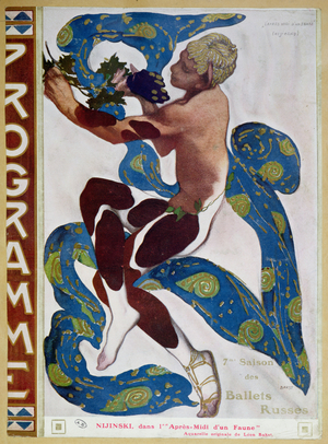 Nijinsky's Faun Costume in 'The Afternoon of a Faun' by Claude Debussy (1862-1918) from the front cover of the programme for the 7th season of the 'Ballets Russes', 1912 (colour litho)