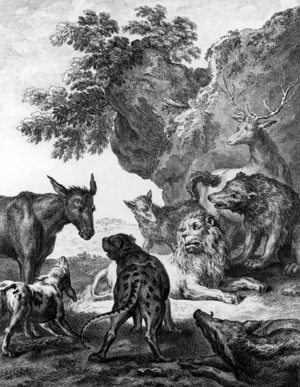 The Animals Fallen Sick With the Plague, illustration for the Fables of La Fontaine, 1755 (engraving) (b/w photo)