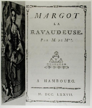 Title page of 'Margot la Ravaudeuse' (1750) by M. de M. (Louis Charles Fougeret de Monbron 1706-1761), published in Hamburg, 1777 (engraving) (b/w photo)