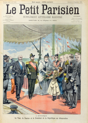 Tsar Nicolas II with his wife, Tsarina Alexandra are welcomed at Dunkirk by President Loubet, cover of 'Le Petit Parisien', 22 September, 1901 (colour litho)