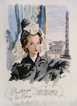 A Schiaparelli hat design, from a series entitled 'Printemps de Paris' in 'Plaisir de France' magazine, March 1943 (colour litho)