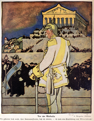 Otto Von Bismarck (1815-98) in front of the Walhalla, Regensburg, Germany, 1905 (colour litho)