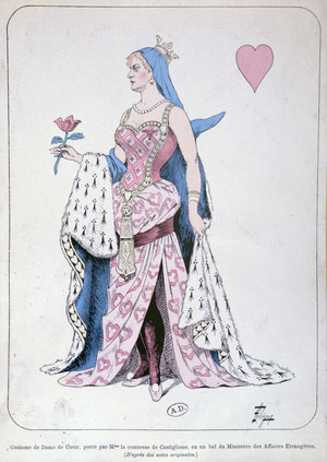 La Castiglione dressed as the Queen of Hearts for a ball at the Foreign Ministry in Paris (colour litho)