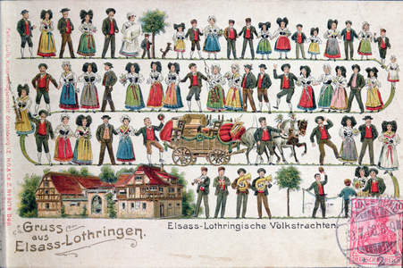 'Gruss aus Elsass Lothringen', postcard of Strasbourg : Alsatian marriage procession and the moving of the bride's furniture, 1908 (colour litho)