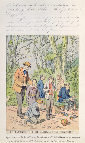 'The children of alcoholics are often idiots', illustration from children's book on the dangers of alcoholism, late 19th century (colour litho)