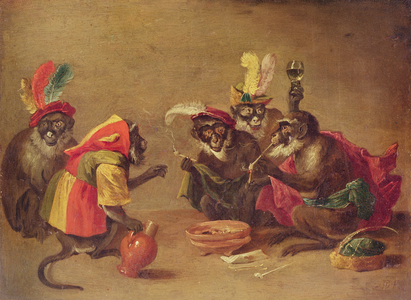 Monkeys smoking and drinking (oil on canvas)