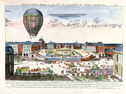 The Balloon Voyage of Francois Pilatre de Rozier (1754-96) over the Chateau de Versailles, 23rd June, 1784 (coloured engraving)