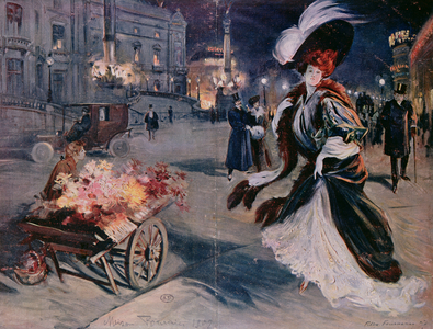 Paris by night in the Opera quarter, 1907 (colour litho)