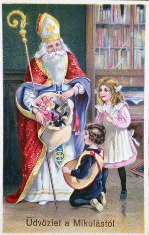 St. Nicholas distributing presents to the children, German postcard printed in Hungarian, 1939 (colour litho)