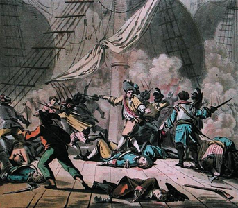 Combat on board the ship Tonnant, engraved by Jean Baptiste Morret (fl.1790-1820) 1789 (colour engraving)