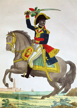 Portrait of Toussaint Louverture on horseback, early 19th century (engraving)