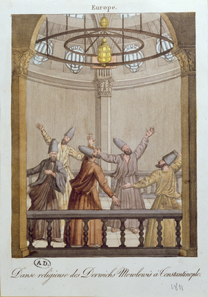Dance of the Mewlewis Dervishes in Constantinople, 1811 (coloured engraving)