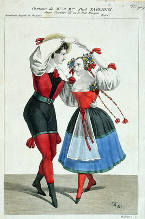 Paul Taglioni (1808-84) and his wife Anna Galster dancing in 'Gustave III', c.1830 (colour litho)