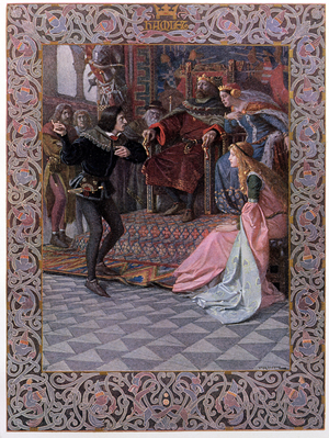 Hamlet before King Claudius, Queen Gertrude and Ophelia, scene from 'Hamlet' by William Shakespeare (1564-1616) c.1900 (litho)