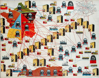 'The French Railways', critique of the big corporations advocating nationalisation, illustration from  the Communist Journal 'L'Humanite', January 1938 (colour litho)