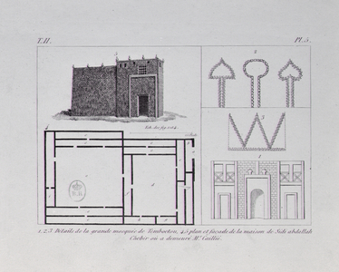 Facade and details of the great mosque in Timbuktu, plan and facade of the house where Caillie resided, from 'Journal d'un voyage a Tombouctou' by Rene Caillie (1799-1838), 1830 (engraving) (b/w photo)