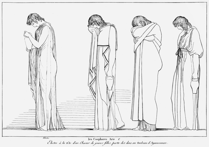Electra and the Chorus bearing vessels for libation on the tomb of Agamemnon, illustration from 'The Choephori' by Aeschylus (c.525-c.456 BC) c.1830-40 (engraving)