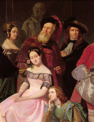 Members of the Comedie-Francaise, L-R : Mlle Noblet, Mlle Plessis, Joanny (1775-1849) in costume of 'Hernani', Mlle Anais, Perrier, in 1840 (oil on canvas) (detail of 163165)