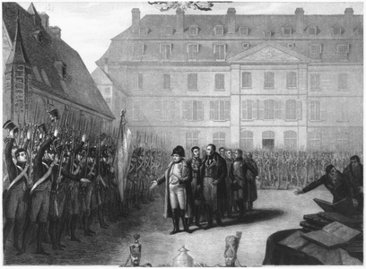 Napoleon (1769-1821) visiting the Ecole Polytechnique on 25th April 1815 (engraving) (b/w photo)
