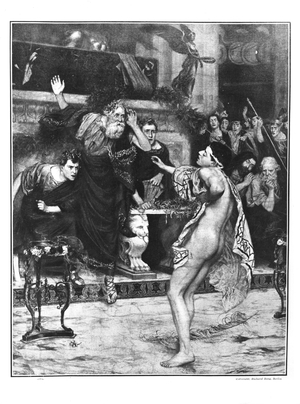 The Spartan Runner Ladas Falling Dead at the Feet of the Judges as they Present him with the Palm of Victory at Olympia, 1906 (litho) (b/w photo)