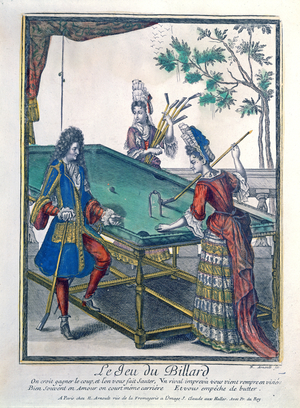 A Game of Billiards, late seventeenth century (coloured engraving)