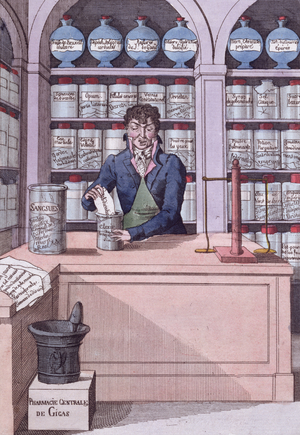 Newspaper dispensary under Napoleon, or the Chemist Academician, cartoon depicting the Press crushed by Napoleon (colour engraving)