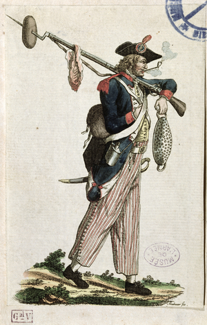 Soldier of the French Revolution carrying a bayonet to which is attached a loaf of bread and a piece of meat: L'An 11/ 1794 (coloured engraving)