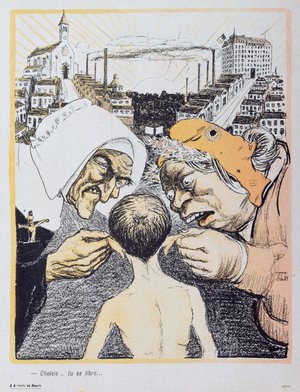 'Choose..You are free', caricature of the future school pupil between the Church and Marianne from 'L'Assiette au Beurre' magazine, 19th March 1904 (colour litho)