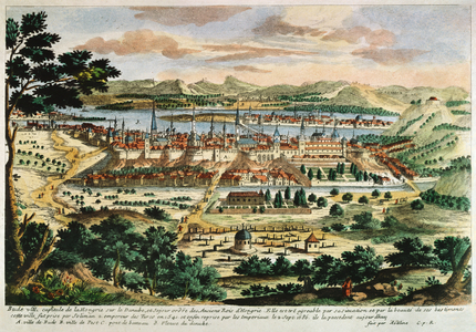 Budapest during the Turkish occupation (coloured engraving)