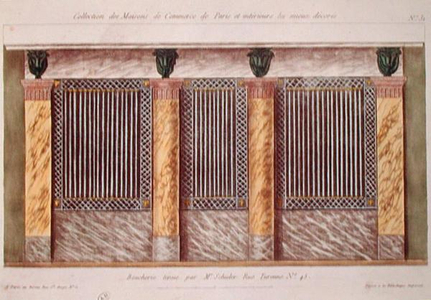 Design for the facade of a butcher's shop, from a series depicting the best decorated commercial buildings in Paris, c.1810 (colour litho)