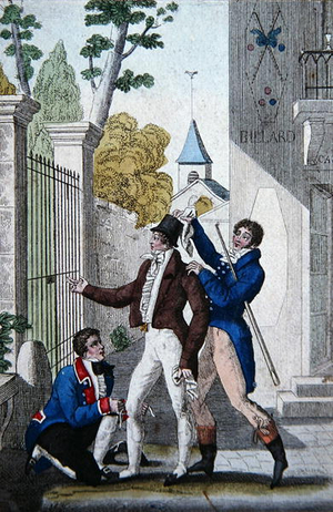 'Clozel, Pelissier and Armand' in Act III, Scene 7 of Louis-Benoit Picard's comedy 'Les Deux Philibert' (colour litho)