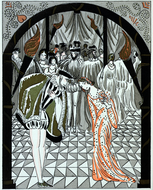 The Princess of Cleves meets the Duke of Nemours, illustration from 'La Princesse de Cleves' by Madame de Lafayette (1634-93) 1931 (colour litho)
