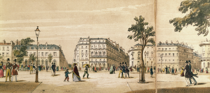 Detail of a panorama of the Boulevard des Italiens, c.1840 (colour litho)