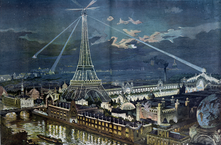 The Illuminations of the Champs de Mars Palace with the projectors placed on the Eiffel Tower during the Paris Exposition, 1900 (colour litho)